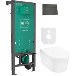 Zestaw Hansgrohe EluPura S miska WC z deską wolnoopadającą wisząca biała i stelaż z przyciskiem czarnym (01022180, 66003340, 60193450, 60148450)