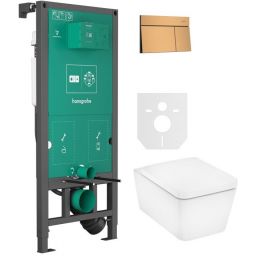 Zestaw Hansgrohe EluPura Q miska WC z deską wolnoopadającą wisząca biała i stelaż z przyciskiem brąz szczotkowany (01022180, 66003140, 60293450)