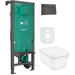Zestaw Hansgrohe EluPura Q miska WC z deską wolnoopadającą wisząca biała i stelaż z przyciskiem chrom szczotkowany (01022180, 66003340, 60293450)