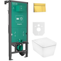Zestaw Hansgrohe EluPura Q miska WC z deską wolnoopadającą wisząca biała i stelaż z przyciskiem złotym (01022180, 66003990, 60293450)