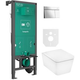 Zestaw Hansgrohe EluPura Q miska WC z deską wolnoopadającą wisząca biała i stelaż z przyciskiem chrom połyk (01022180, 66003000, 60293450)