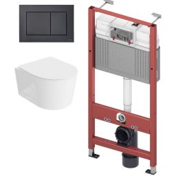 Zestaw Lavita Loso miska WC wisząca bez kołnierza z deską wolnoopadającą stelaż podtynkowy Tece Base z przyciskiem spłukującym Now czarnym ( 5908211492469 ,9400407, 9240407)
