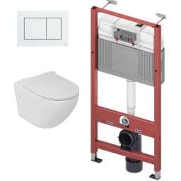 Zestaw Lavita Sofi Slim miska WC wisząca bez kołnierza z deską wolnoopadającą stelaż podtynkowy Tece Base z przyciskiem spłukującym Now biały ( 5908211401461, 9400407,9240400)