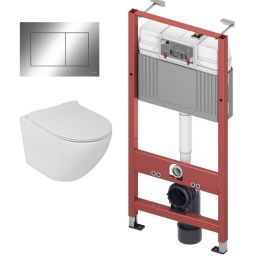 Zestaw Lavita Sofi Slim miska WC wisząca bez kołnierza z deską wolnoopadającą stelaż podtynkowy Tece Base z przyciskiem spłukującym Now chrom ( 5908211401461, 9400407, 9240401)