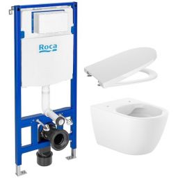 Zestaw Roca Ona miska WC wisząca Rimless Supraglaze biała z deską sedesową wolnoopadającą białą i stelaż podtynkowy do WC Roca Duplo One ( A346687S00, A801E12001, A890070020 )