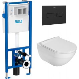 Zestaw Roca Hebe miska WC wisząca Rimless z deską sedesową wolnoopadającą i stelaż podtynkowy Duplo Nova z przyciskiem spłukującym NV1 czarny mat (A34H138000, A890020020, A890220206)