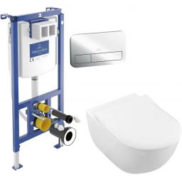 Zestaw Villeroy & Boch Subway 2.0 Combi-Pack stelaż podtynkowy miska WC wisząca z deską i przycisk chrom połysk (92242700, 5614R2R1, 92249061)
