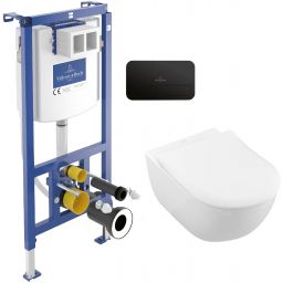 Zestaw Villeroy & Boch Subway 2.0 Combi-Pack stelaż podtynkowy miska WC wisząca z deską i przycisk czarny mat (92242700, 5614R201, 922490AN)