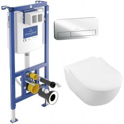 Zestaw Villeroy & Boch Subway 2.0 Combi-Pack stelaż podtynkowy miska WC wisząca z deską i przycisk chrom połysk (92242700, 5614R201, 92249061)