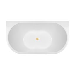 Zestaw Oltens Delva wanna przyścienna 150x70 cm owalna z pokrywą korka biały połysk/złoto szczotkowane (12018000, 09002810)