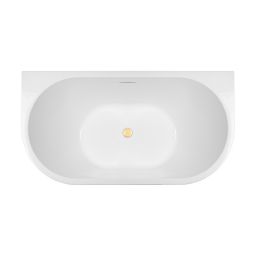 Zestaw Oltens Delva wanna przyścienna 150x70 cm owalna z pokrywą korka biały połysk/złoty połysk (12018000, 09002800)