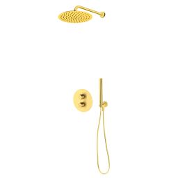 Zestaw Oltens Katla bateria podtynkowa termostatyczna z deszczownicą 30 cm Vindel i kompletem prysznicowym Ume złoto szczotkowane 36608810
