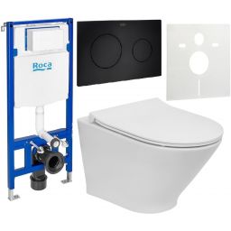 Zestaw Roca Gap Round Compacto miska WC wisząca Rimless z deską sedesową wolnoopadającą i stelaż podtynkowy Duplo One z przyciskiem spłukującym PL10 czarny mat (A34H0N3000, A890070020, A890189206, A890063000)