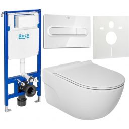 Zestaw Roca Meridian miska WC wisząca Rimless z deską sedesową wolnoopadającą i stelaż podtynkowy Duplo One z przyciskiem spłukującym PL1 białym (A34H240000, A890070020, A890195000, A890063000)