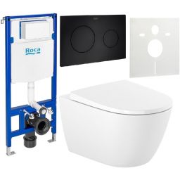Zestaw Roca Ona miska WC wisząca Rimless z deską sedesową wolnoopadającą i stelaż podtynkowy Duplo One z przyciskiem spłukującym PL10 czarny mat (A34H688000, A890070020, A890189206, A890063000)