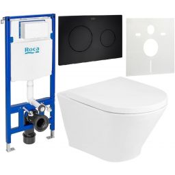 Zestaw Roca Gap Round miska WC wisząca Rimless z deską sedesową wolnoopadającą i stelaż podtynkowy Duplo One z przyciskiem spłukującym PL10 czarny mat (A34H0N2000, A890070020, A890189206, A890063000)