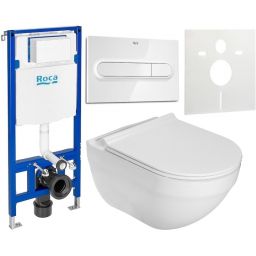 Zestaw Roca Hebe miska WC wisząca Rimless z deską sedesową wolnoopadającą i stelaż podtynkowy Duplo One z przyciskiem spłukującym PL1 białym (A34H138000, A890070020, A890195000, A890063000)