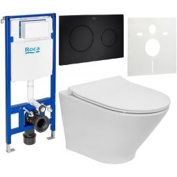 Zestaw Roca Gap Round miska WC wisząca Rimless z deską sedesową wolnoopadającą i stelaż podtynkowy Duplo One z przyciskiem spłukującym PL10 czarny mat (A3460NB000, A801D22001, A890070020, A890189206, A890063000)