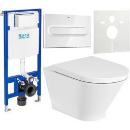 Zestaw Roca Gap Round miska WC wisząca Rimless z deską sedesową wolnoopadającą i stelaż podtynkowy Duplo One z przyciskiem spłukującym PL1 białym (A3460NL000, A801D12001, A890070020, A890195000, A890063000)