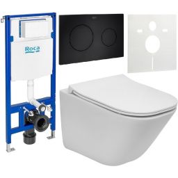 Zestaw Roca Gap Square Compacto miska WC wisząca Rimless z deską sedesową wolnoopadającą i stelaż podtynkowy Duplo One z przyciskiem spłukującym PL10 czarny mat (A34647A000, A80173200B, A890070020, A890189206, A890063000)