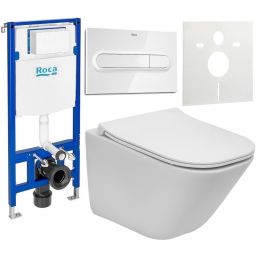 Zestaw Roca Gap Square Compacto miska WC wisząca Rimless z deską sedesową wolnoopadającą i stelaż podtynkowy Duplo One z przyciskiem spłukującym PL1 białym (A34647A000, A80173200B, A890070020, A890195000, A890063000)