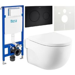 Zestaw Roca Meridian Compacto miska WC wisząca Rimless z deską sedesową wolnoopadającą i stelaż podtynkowy Duplo One z przyciskiem spłukującym PL10 czarny mat (A346244000, A8012AC00B, A890070020, A890189206, A890063000)