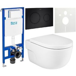 Zestaw Roca Meridian miska WC wisząca Rimless z deską sedesową wolnoopadającą i stelaż podtynkowy Duplo One z przyciskiem spłukującym PL10 czarny mat (A34624L000, A8012A200B, A890070020, A890189206, A890063000)