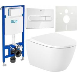 Zestaw Roca Ona miska WC wisząca Rimless z deską sedesową wolnoopadającą i stelaż podtynkowy Duplo One z przyciskiem spłukującym PL1 białym (A346687000, A801E12001, A890070020, A890195000, A890063000)