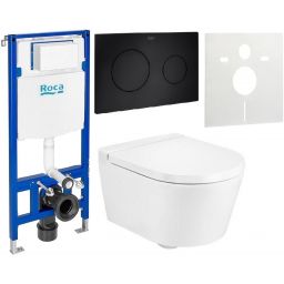 Zestaw Roca Inspira Round Compacto miska WC wisząca Rimless z deską sedesową wolnoopadającą i stelaż podtynkowy Duplo One z przyciskiem spłukującym PL10 czarny mat (A346528000, A80152C00B, A890070020, A890189206, A890063000)