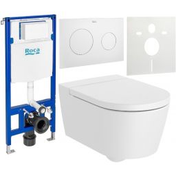 Zestaw Roca Inspira Round miska WC wisząca Rimless z deską sedesową wolnoopadającą i stelaż podtynkowy Duplo One z przyciskiem spłukującym PL10 biały mat (A346527620, A80152262B, A890070020, A890189207, A890063000)