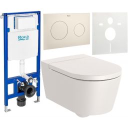Zestaw Roca Inspira miska WC wisząca Rimless z deską sedesową wolnoopadającą i stelaż podtynkowy Duplo One z przyciskiem spłukującym PL10 beżowy mat (A346527650, A80152265B, A890070020, A89018920B, A890063000)