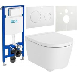Zestaw Roca Inspira miska WC wisząca Rimless z deską sedesową wolnoopadającą i stelaż podtynkowy Duplo One z przyciskiem spłukującym PL10 biały mat (A346528620, A80152C62B, A890070020, A890189207, A890063000)