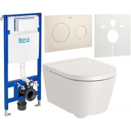 Zestaw Roca Inspira Round Compacto miska WC wisząca Rimless z deską sedesową wolnoopadającą i stelaż podtynkowy Duplo One z przyciskiem spłukującym PL10 beżowy mat (A346528650, A80152C65B, A890070020, A89018920B, A890063000)