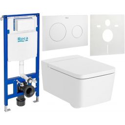 Zestaw Roca Inspira Square miska WC wisząca Rimless z deską sedesową wolnoopadającą i stelaż podtynkowy Duplo One z przyciskiem spłukującym PL10 biały mat (A346537620, A80153262B, A890070020, A890189207, A890063000)