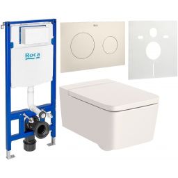 Zestaw Roca Inspira miska WC wisząca Rimless z deską sedesową wolnoopadającą i stelaż podtynkowy Duplo One z przyciskiem spłukującym PL10 beżowy mat (A346537650, A80153265B, A890070020, A89018920B, A890063000)