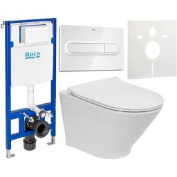 Zestaw Roca Gap Round Compacto miska WC Supraglaze wisząca Rimless z deską sedesową wolnoopadającą i stelaż podtynkowy Duplo One z przyciskiem spłukującym PL1 białym (A3460NBS00, A801D22001, A890070020, A890195000, A890063000)