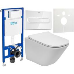 Zestaw Roca Gap Square Compacto miska WC Supraglaze wisząca z deską sedesową wolnoopadającą i stelaż podtynkowy Duplo One z przyciskiem spłukującym PL1 białym (A34647AS00, A80173200B, A890070020, A890195000, A890063000)