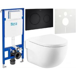Zestaw Roca Meridian Compacto miska WC Supraglaze wisząca z deską sedesową wolnoopadającą i stelaż podtynkowy Duplo One z przyciskiem spłukującym PL10 czarny mat (A346244S00, A8012AC00B, A890070020, A890189206, A890063000)