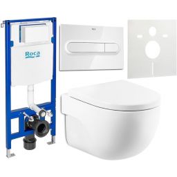 Zestaw Roca Meridian Compacto miska WC Supraglaze wisząca z deską sedesową wolnoopadającą i stelaż podtynkowy Duplo One z przyciskiem spłukującym PL1 białym (A346244S00, A8012AC00B, A890070020, A890195000, A890063000)