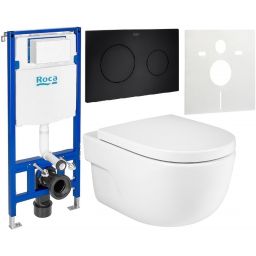 Zestaw Roca Meridian miska WC wisząca Supraglaze z deską sedesową wolnoopadającą i stelaż podtynkowy Duplo One z przyciskiem spłukującym PL10 czarny mat (A34624LS00, A8012A200B, A890070020, A890189206, A890063000)