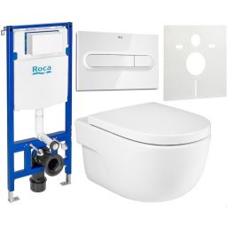Zestaw Roca Meridian miska WC wisząca Supraglaze z deską sedesową wolnoopadającą i stelaż podtynkowy Duplo One z przyciskiem spłukującym PL1 białym (A34624LS00, A8012A200B, A890070020, A890195000, A890063000)