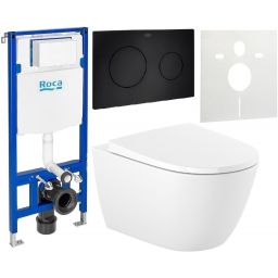 Zestaw Roca Ona miska WC wisząca Supraglaze z deską sedesową wolnoopadającą i stelaż podtynkowy Duplo One z przyciskiem spłukującym PL10 czarny mat (A346687S00, A801E12001, A890070020, A890189206, A890063000)