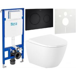 Zestaw Roca Ona miska WC wisząca Supraglaze z deską sedesową wolnoopadającą i stelaż podtynkowy Duplo One z przyciskiem spłukującym PL10 czarny mat (A346688S00, A801E22001, A890070020, A890189206, A890063000)