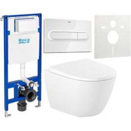 Zestaw Roca Ona miska WC wisząca Supraglaze z deską sedesową wolnoopadającą i stelaż podtynkowy Duplo One z przyciskiem spłukującym PL1 białym (A346688S00, A801E22001, A890070020, A890195000, A890063000)
