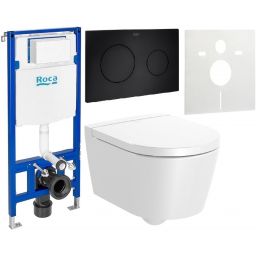 Zestaw Roca Inspira Compacto miska WC wisząca Supraglaze z deską sedesową wolnoopadającą i stelaż podtynkowy Duplo One z przyciskiem spłukującym PL10 czarny mat (A346528S00, A80152C00B, A890070020, A890189206, A890063000)
