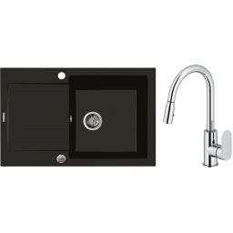 Zestaw Oltens Gravan zlewozmywak granitowy 1-komorowy 79x50 cm z baterią kuchenną Lista czarny mat/chrom (72100300, 35202100)