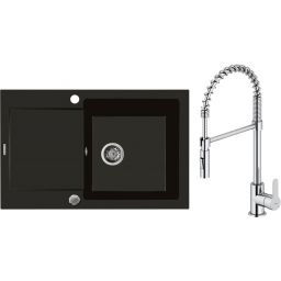 Zestaw Oltens Gravan zlewozmywak granitowy 1-komorowy 79x50 cm z baterią kuchenną Duf czarny mat/chrom (72100300, 35203100)