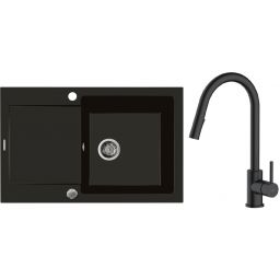 Zestaw Oltens Gravan zlewozmywak granitowy 1-komorowy 79x50 cm z baterią kuchenną Litla czarny mat (72100300, 35204300)