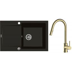 Zestaw Oltens Gravan zlewozmywak granitowy 1-komorowy 79x50 cm z baterią kuchenną Litla czarny mat/złoty połysk (72100300, 35204800)
