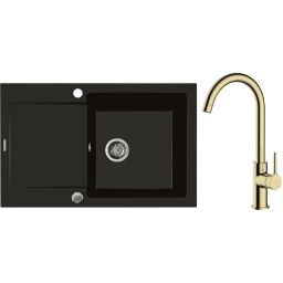 Zestaw Oltens Gravan zlewozmywak granitowy 1-komorowy 79x50 cm z baterią kuchenną Skafta czarny mat/złoty połysk (72100300, 35206800)